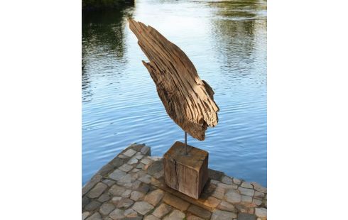 SCULPTURE "AILE" EN BOIS FLOTTE TGM + SOCLE CUBE BOIS MODERNE TGM