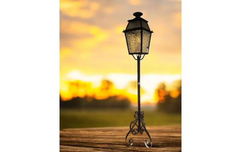 LAMPADAIRE DE JARDIN FER FORGE NOIR LANTERNE 4 FACES VITREES TGM ANCIEN