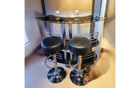MEUBLE BAR ARRONDI VERRE NOIR ET CHROME MODERNE