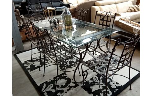 TABLE verre biseaute+6 chaises fer forge