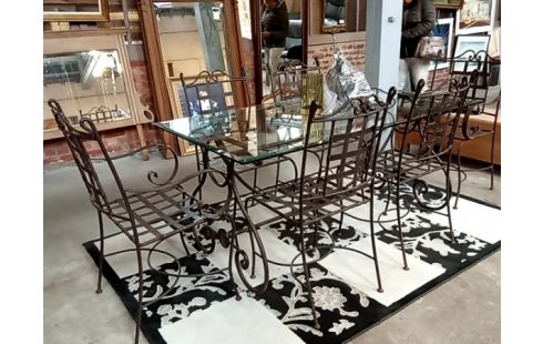 TABLE verre biseaute+6 chaises fer forge