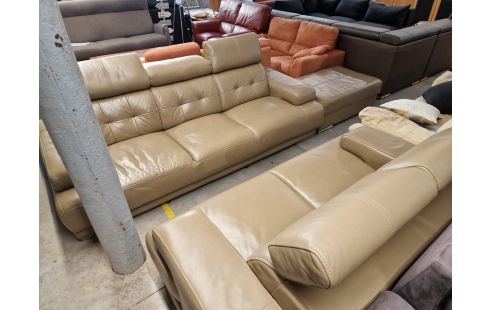 SALON CUIR TAUPE 3 PLACES 2 PLACES + POUF