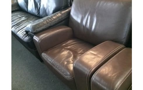 CANAPE MARRON CUIR + 2 FAUTEUILS