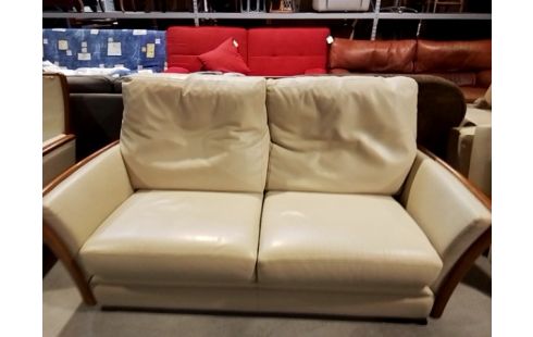 CANAPE 2P CUIR BEIGE ET BOIS