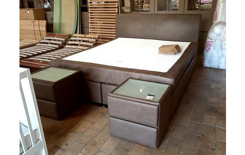 LIT boxspring 180/210 + 2 chevets à tiroirs pu brun