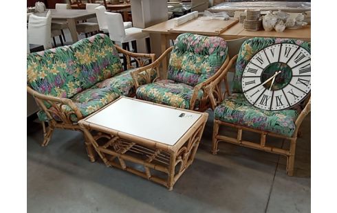 SALON DE JARDIN ROTIN TISSU FLEURI 2+1+1