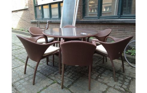 TABLE DE JARDIN RONDE DEDON + 6 FAUTEUILS