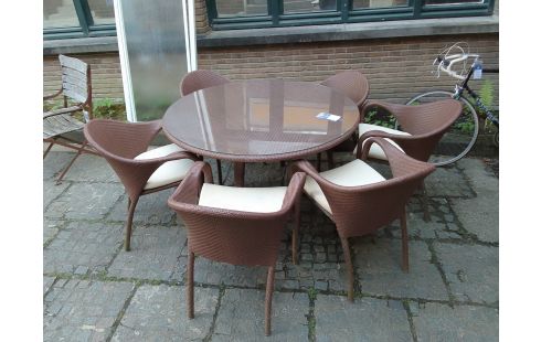 TABLE DE JARDIN RONDE DEDON + 6 FAUTEUILS