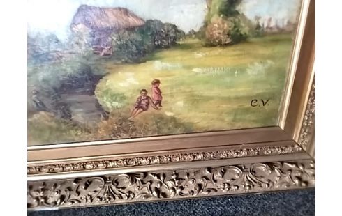 HUILE SUR TOILE ENFANTS AU BORD DE L EAU