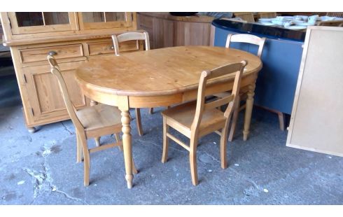 TABLE RONDE + 4 CHAISES EN PIN + ALLONGES