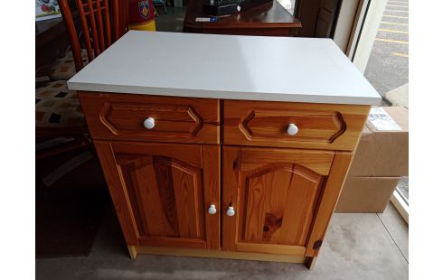 MEUBLE BAS BOIS ET DESSUS BLANC 2 TIROIRS