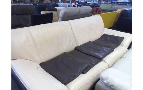 CANAPE FIXE CUIR 3P BEIGE ET MARRON