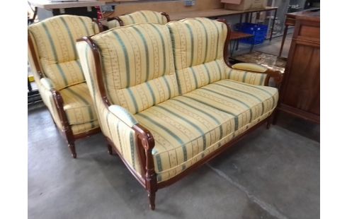 SALON BANQUETTE 3 PLACES + 2 FAUTEUILS TISSU BOIS