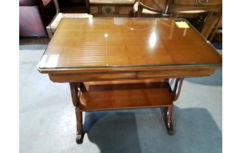 TABLE MERISIER 2T PIEDS LYRE DESSUS VERRE