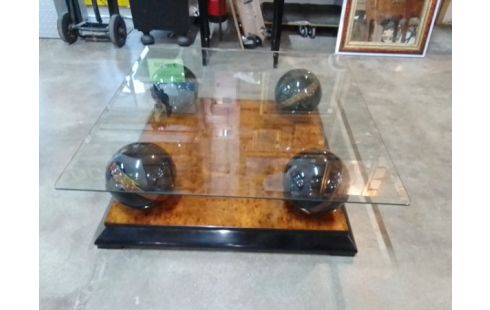 TABLE BASSE VINTAGE 70/80 LOUPE D'ORME BOULES FER