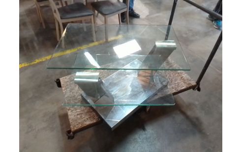 TABLE BASSE MODULABLE VERRE PIED CHROME ANNEES 80