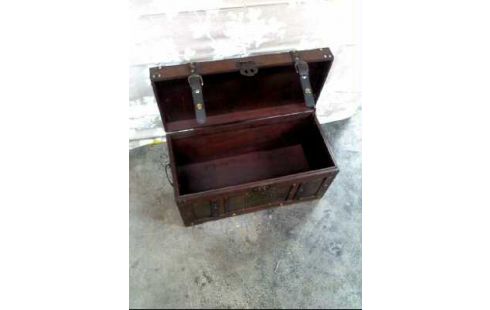 TRUHE HOLZ DUNKEL LEDERBÄNDER KLEIN