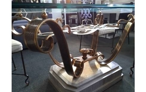 TABLE FOURNIER PIED FER FORGE AVEC PLATEAU VERRE 120X240