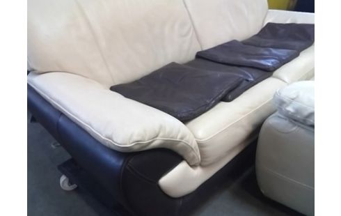 CANAPE FIXE CUIR 3P BEIGE ET MARRON