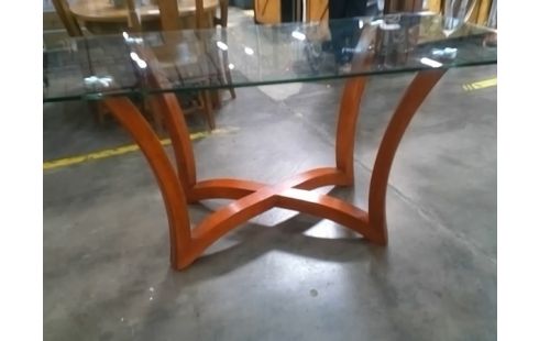 TABLE MODERNE PLATEAU VERRE PIEDS BOIS 85X165X77