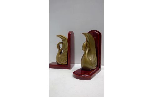 BOEKENSTEUNEN ZWANEN  ART DECO BRONS