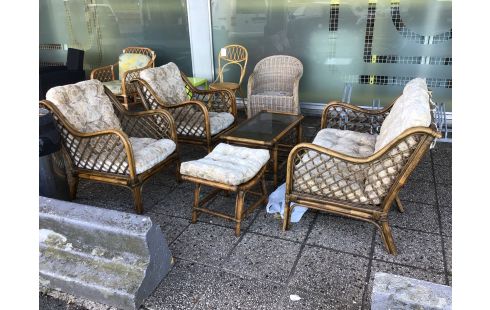 SALON DE JARDIN OSIER TISSU BEIGE 2 + 1 + 1 + POUF TABLE BASSE