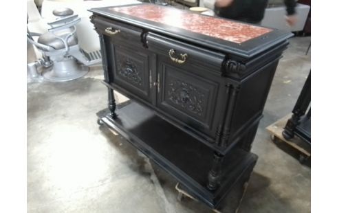 BUFFET BAS HENRI II STYLISÉ MOULURES NOIR 2 PORTES / 2 TIROIRS TÊTE DE LIONS MARBRE ROUGE D'ITALIE