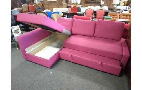 SALON D'ANGLE CONVERTIBLE COFFRE TISSU FRAMBOISE