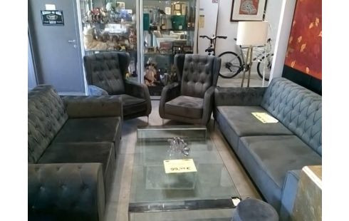 SALON 2 CANAPES + 2 FAUTEUIL VELOUR GRIS