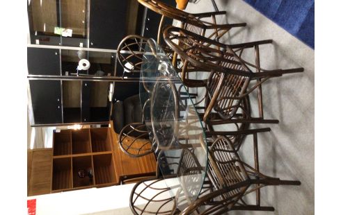 TABLE VERRE PIED ROTIN + 6 CHAISES