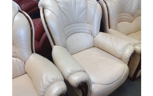 CANAPE + 2 FAUTEUILS CUIR BEIGE ET BOIS  (QLQS TRACES)