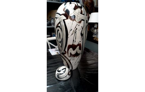 VASE COUVERT GRAND MODELE ECRU MET BRUN NOIR