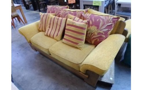 CANAPE 2 PLACES BOIS MASSIF & TISSU +COUSSINS