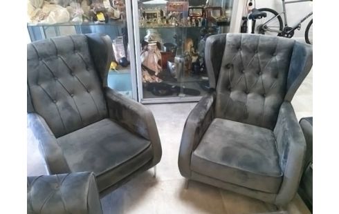 SALON 2 CANAPES + 2 FAUTEUIL VELOUR GRIS