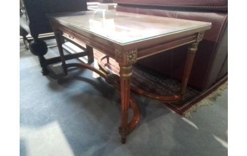 TABLE BASSE ACAJOU LAITON + VERRE