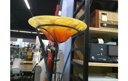 LAMPADAIRE COUPE VERRE SOUFFLE ORANGE PIED FER FORGE - BIOT
