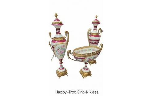 ACCESORIOS DE CHIMENEA COBRE PORCELANA MORADO BLANCA