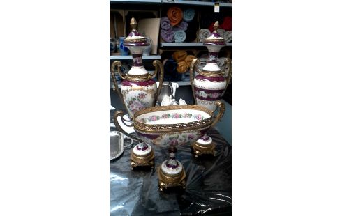 ACCESORIOS DE CHIMENEA COBRE PORCELANA MORADO BLANCA