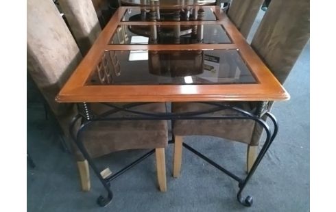 TABLE BOIS ET METAL AVEC PLATEAU VERRE L147
