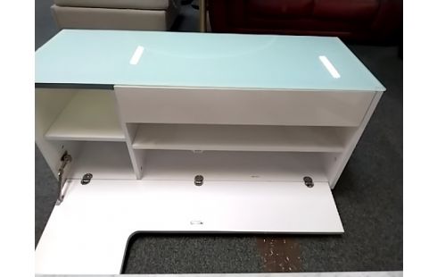 MEUBLE TV MODERNE BLANC DESSUS VERRE TREMPÉ