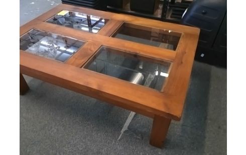 TABLE BASSE PIN AVEC PLATEAUX VERRES