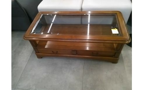 TABLE BASSE BOIS 2 TIROIRS PLATEAU EN VERRE