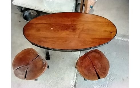 TABLE BASSE BRUTALISTE FORGE BOIS +2 TABOURETS