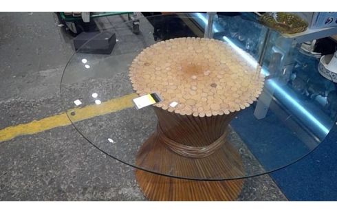 TABLE ROND VINTAGE DESSUS MARBRE ROTIN