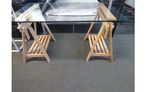 BUREAU PLATEAU VERRE TRÉPIEDS BOIS