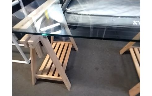 BUREAU PLATEAU VERRE TRÉPIEDS BOIS