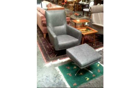 SESSEL MIT HOCKER BEZUG LEDER GRAU A86