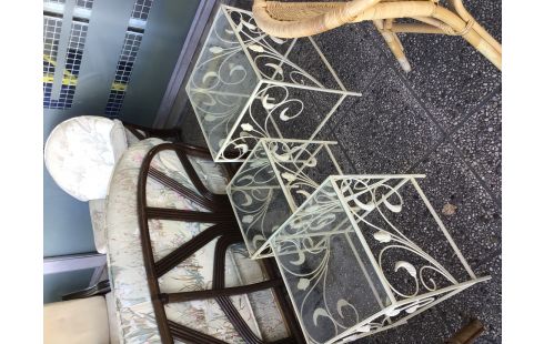 TABLE BASSE METAL BEIGE VERRE LOT DE 3