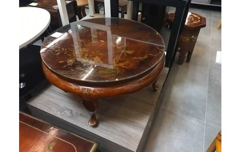 TABLE BASSE RONDE BOIS LAQUE DECO OISEAUX - CHINE XXeme