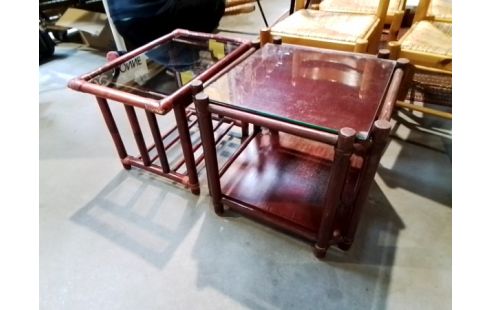 TABLE D'APPOINT ROTIN ROUGE + VERRE